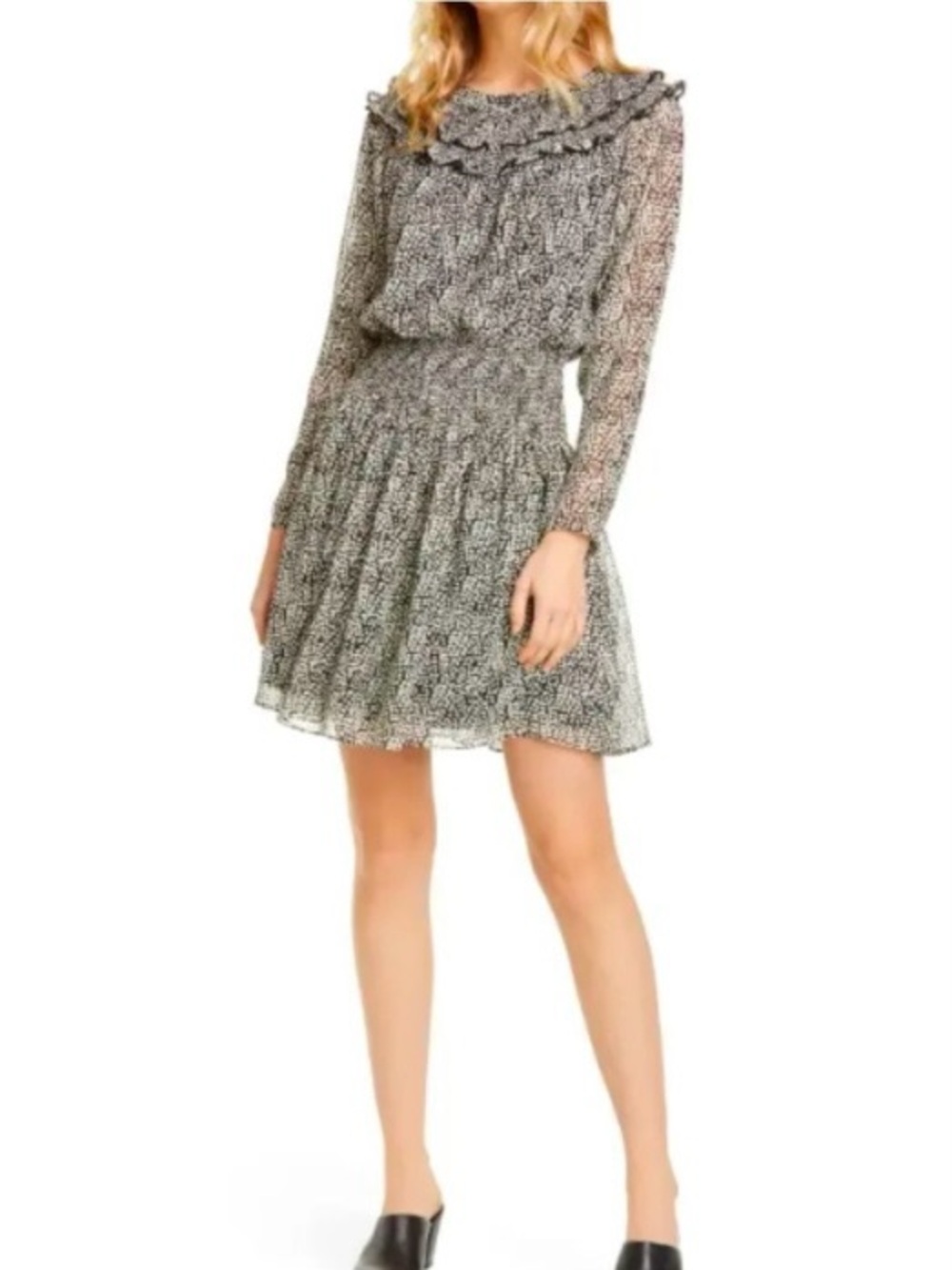 Joie Silk Lilianna Dress Ruffle Silk Long Sleeve Smocked Dress Size Small